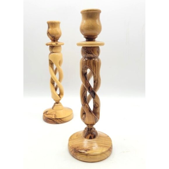 Hand Turned Olive Wood Candle Holders Set2 Rustic Luxury Decor Holy Land Holiday - Picture 7 of 11